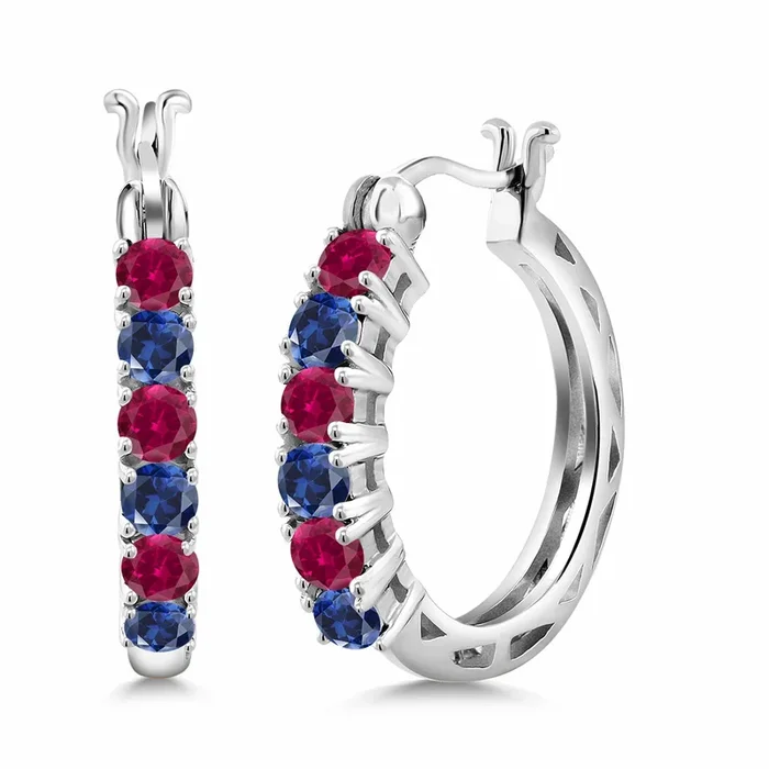 925 Sterling Silver Red Created Ruby and Blue Created Sapphire Hoop Earrings for Women | 1.68 Cttw | Gemstone July Birthstone | Round 3MM