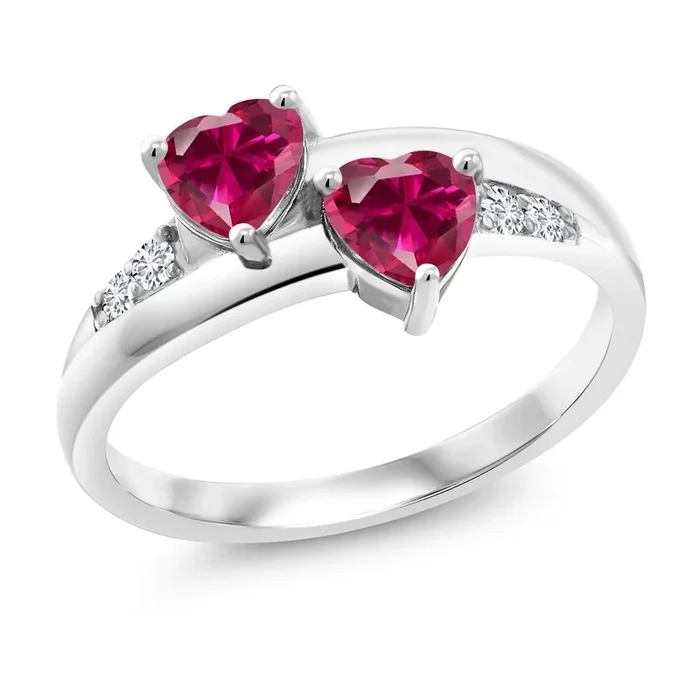 925 Sterling Silver Red Created Ruby and Lab Grown Diamond Ring For Women (1.28 Cttw, Heart Shape 5MM)
