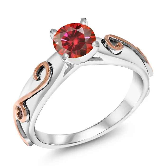 925 Sterling Silver Red Moissanite Women Engagement Ring For Women (1.00 Cttw, Gemstone Birthstone, Round 6.5MM)