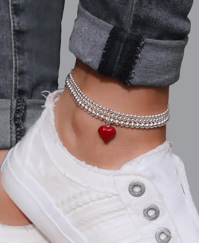 925 Sterling Silver Red Puff Heart Charm Anklet, Red Heart Charm Anklet, Sterling Silver Anklet, Anklet, Heart Anklet