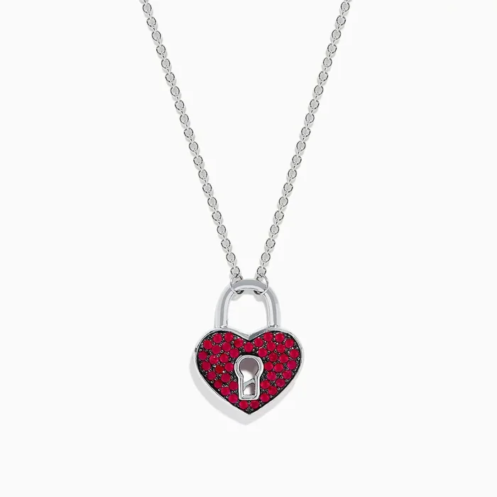 925 Sterling Silver Ruby Heart Lock Necklace