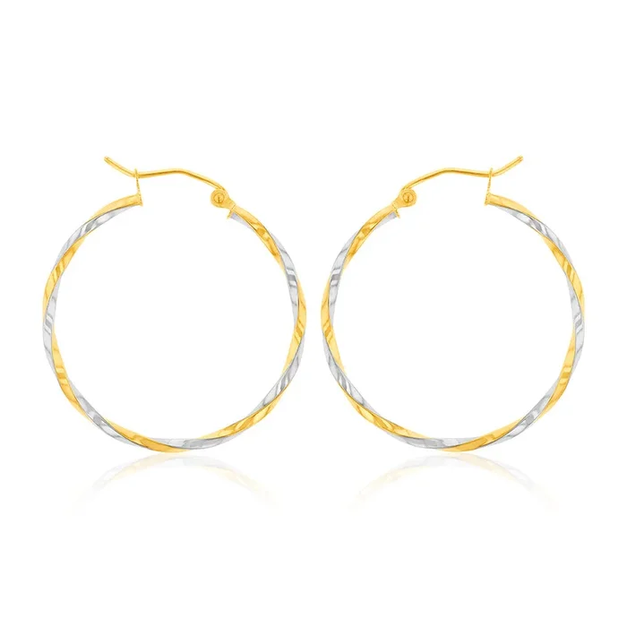 9ct Two Tone Gold High Polish Twist Hoop Earrings