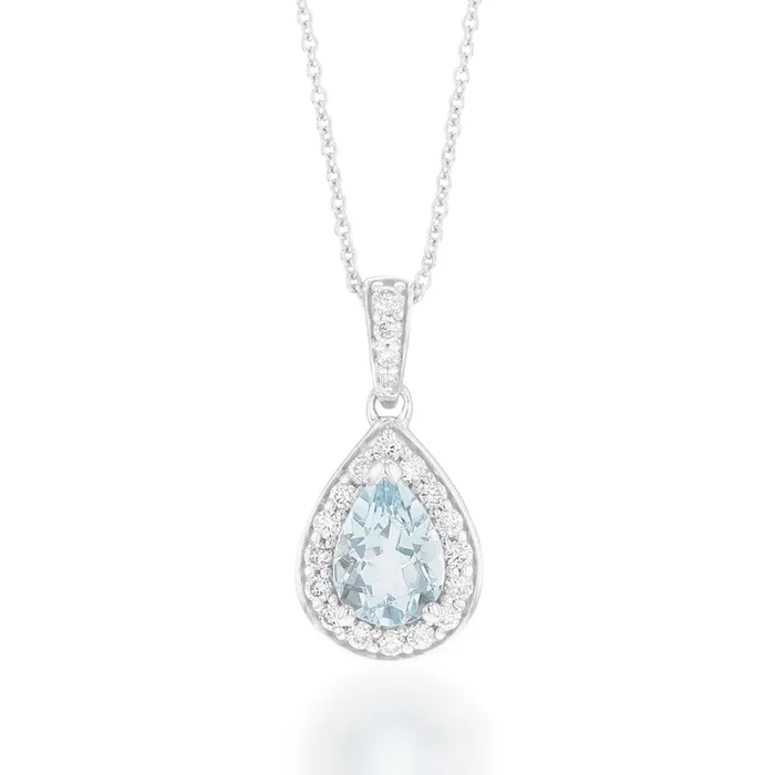 9ct White Gold 0.65ct Aquamarine and 0.15ct Diamond Pear Pendant on 45cm Chain