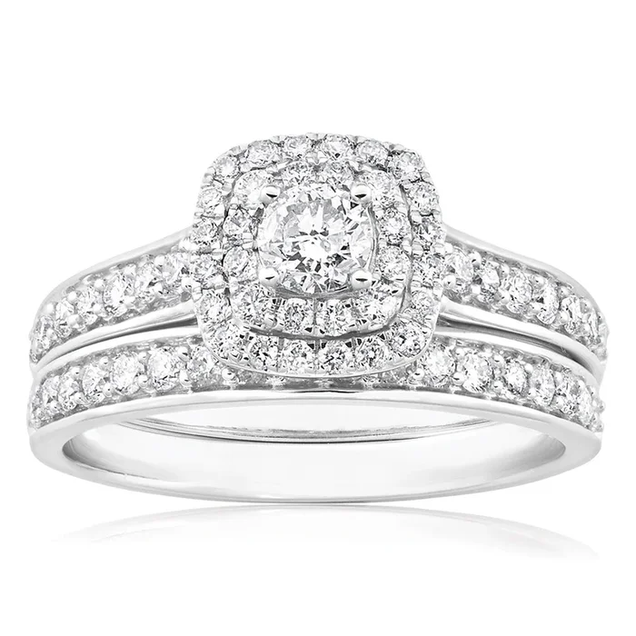 9ct White Gold 2 Ring Bridal Set With 65 Diamonds Totalling 1 Carat