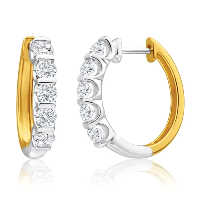 9ct Yellow & White Gold 1 Carat Diamond Hoop Earrings