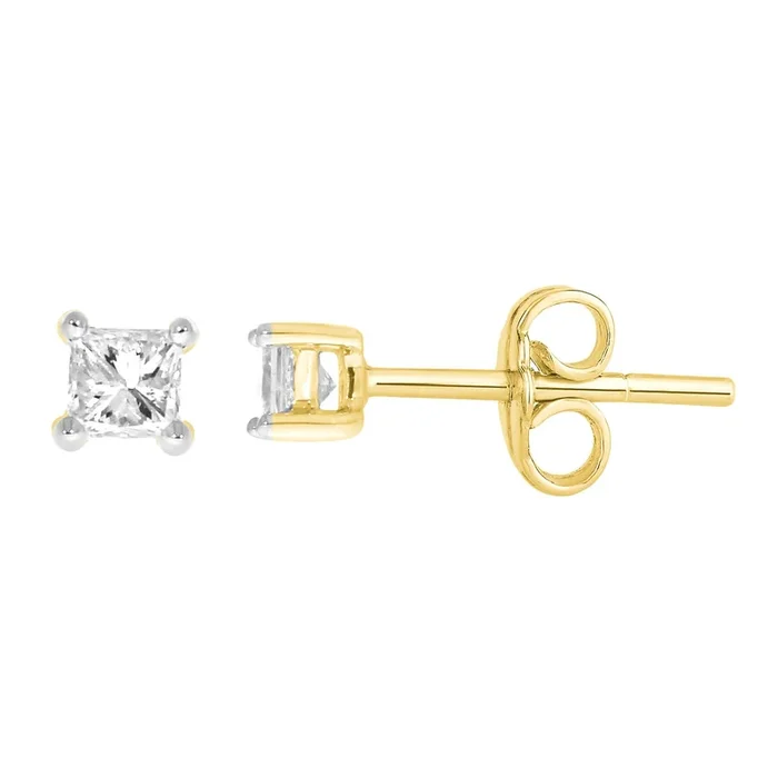 9ct Yellow Gold 0.15 Carat Princess Diamond Stud Earrings