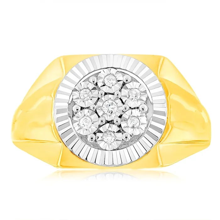 9ct Yellow Gold & Rhodium Diamond Gents Ring Set With 7 Diamonds