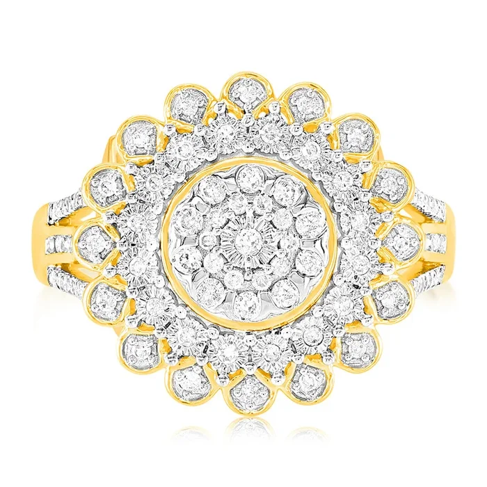 9ct Yellow Gold 1/4 Carat Diamond Ring with 91 Round Brilliant Cut Diamonds in Disc Setting