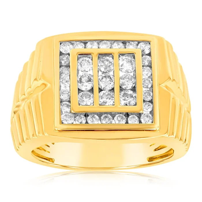 9ct Yellow Gold 1 Carat Mens Diamond Ring with 33 Brilliant Diamonds