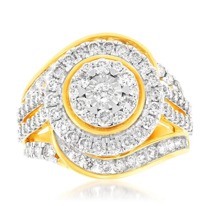 9ct Yellow Gold 2 Carat Diamond Ring with 99 Brilliant Cut Diamonds