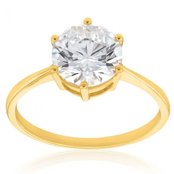 9ct Yellow Gold 8mm Zirconia 6 Claw Solitaire Ring