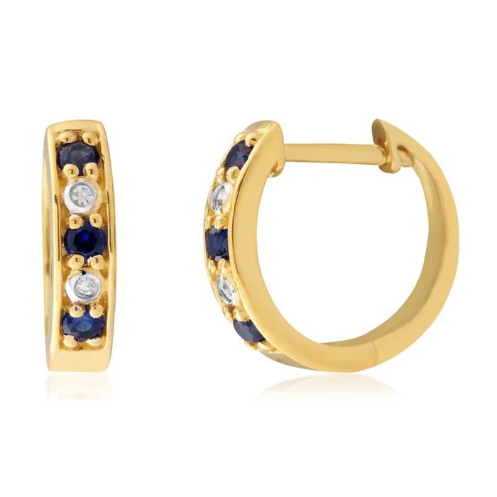 9ct Yellow Gold Created Sapphire & Diamond Huggies