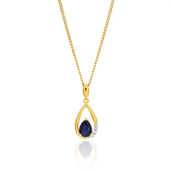 9ct Yellow Gold Created Sapphire and Diamond Pendant