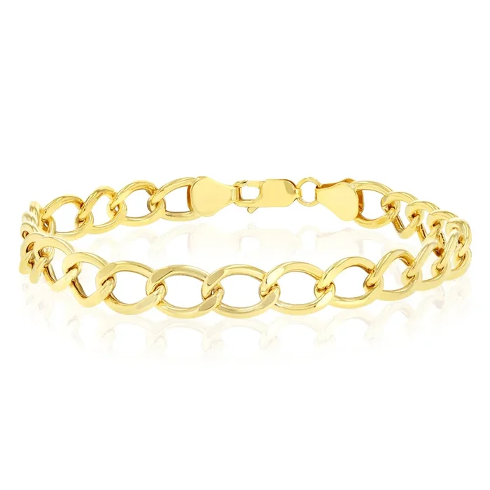 9ct Yellow Gold Diamond Cut Hollow 21cm Curb Bracelet