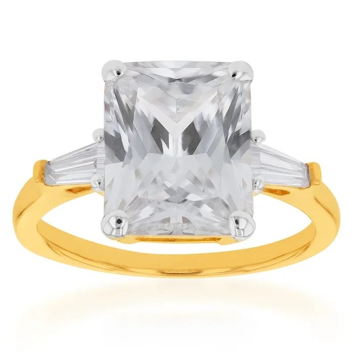 9ct Yellow Gold Emerald Cut and Baguette Zirconia Fancy Ring