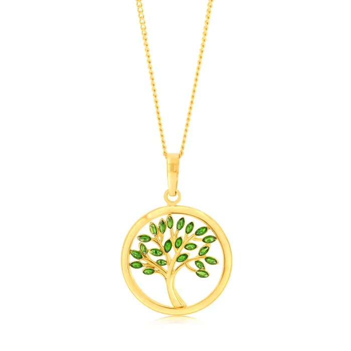 9ct Yellow Gold Green Enamel Tree Of Life Pendant
