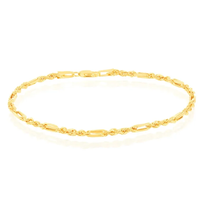 9ct Yellow Gold Hollow Diamond Cut Figarope 18.5cm Bracelet