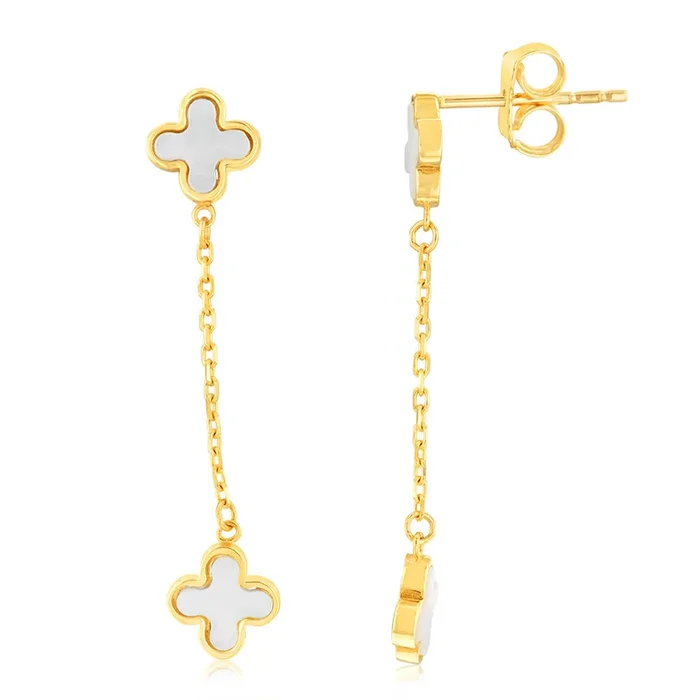 9ct Yellow Gold Mother Of Pearls Clover Petals Drop Earrings
