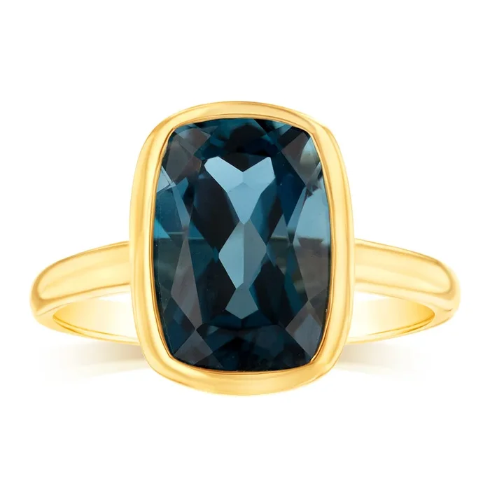 9ct Yellow Gold Natural London Blue Topaz Bezel Set Ring