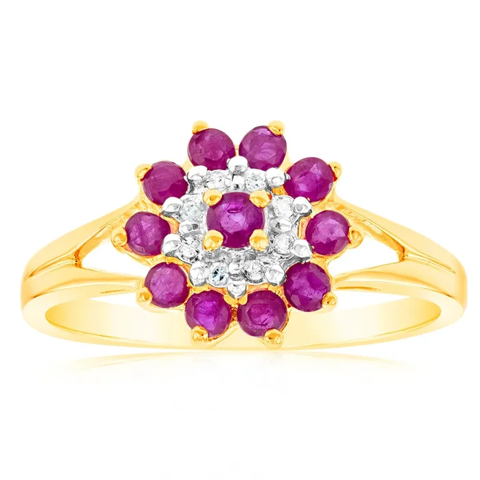 9ct Yellow Gold Natural Ruby and Diamond Cluster Ring