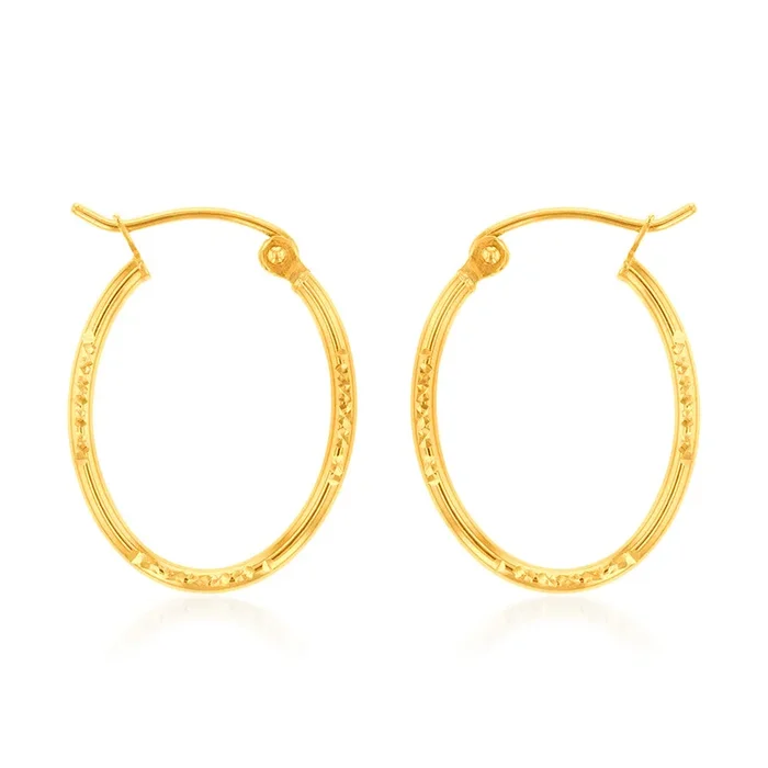 9ct Yellow Gold Oval Diamond Cut Lite Hoop Earrings