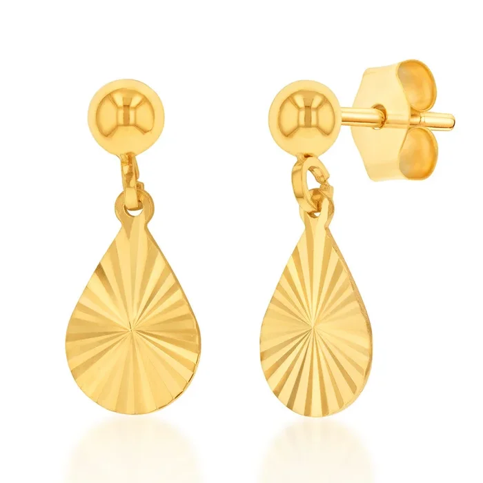 9ct Yellow Gold Patterned Teardrop Drop Earrings