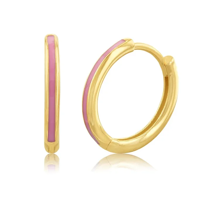 9ct Yellow Gold Pink Enamel 11mm Hoop Earrings