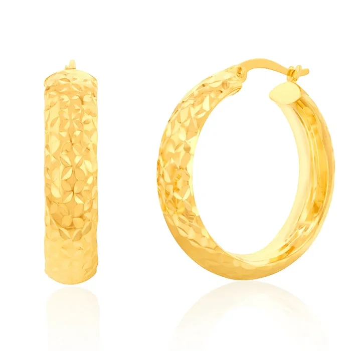 9ct Yellow Gold Silverfilled Double Side Diamond Cut Hoop Earrings