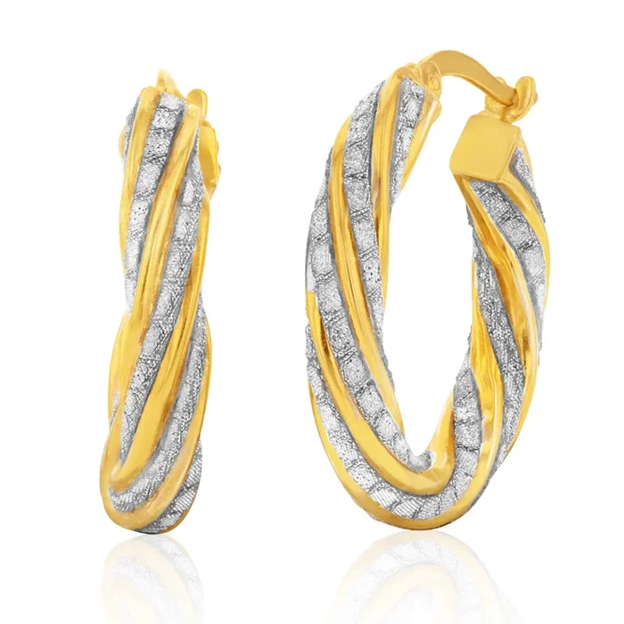 9ct Yellow Gold Silverfilled Stardust Twisted 15mm Hoop Earrings