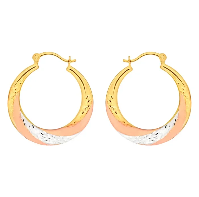 9ct Yellow Gold, White Gold & Rose Gold Swirl Creole Hoop Earrings