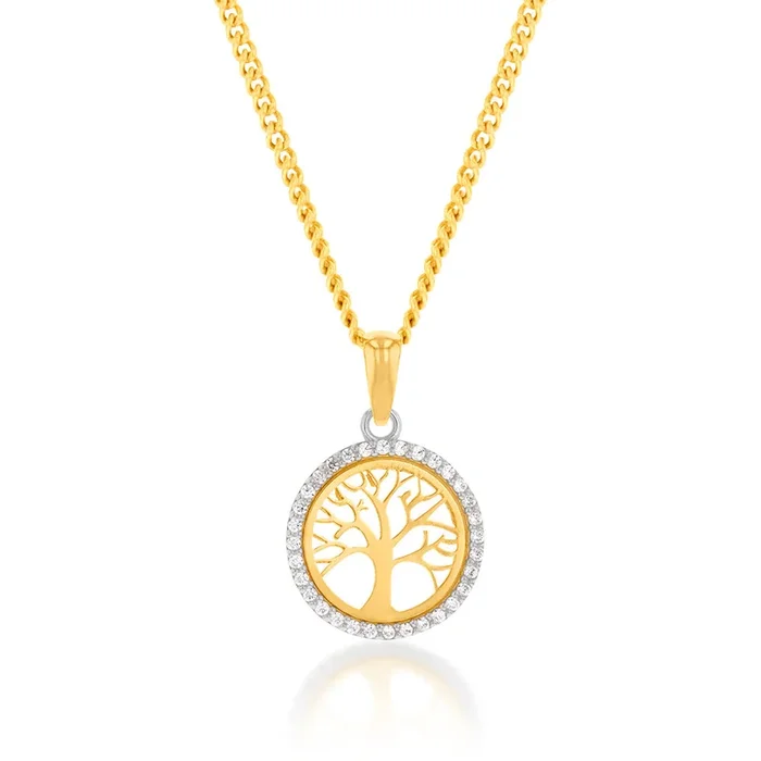 9ct Yellow Gold Zirconia Tree of Life Round Pendant