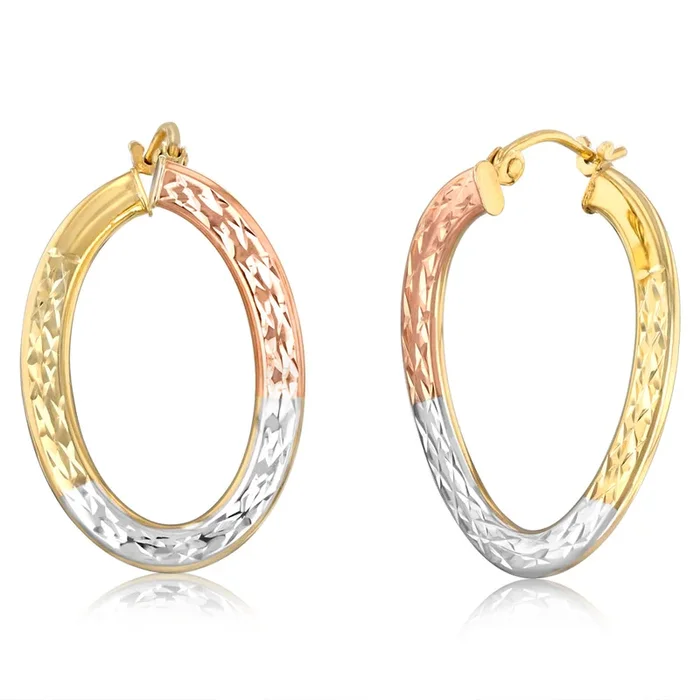 9ct Yellow, White and Rose Gold Tricolor Silverfilled Oval Diamond Cut Twist 18 x 25mm Earrings