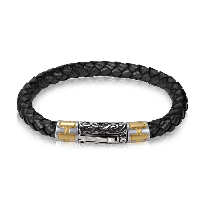 A.R.Z Men’s 6mm Steel Black Leather 8.5 Bracelet
