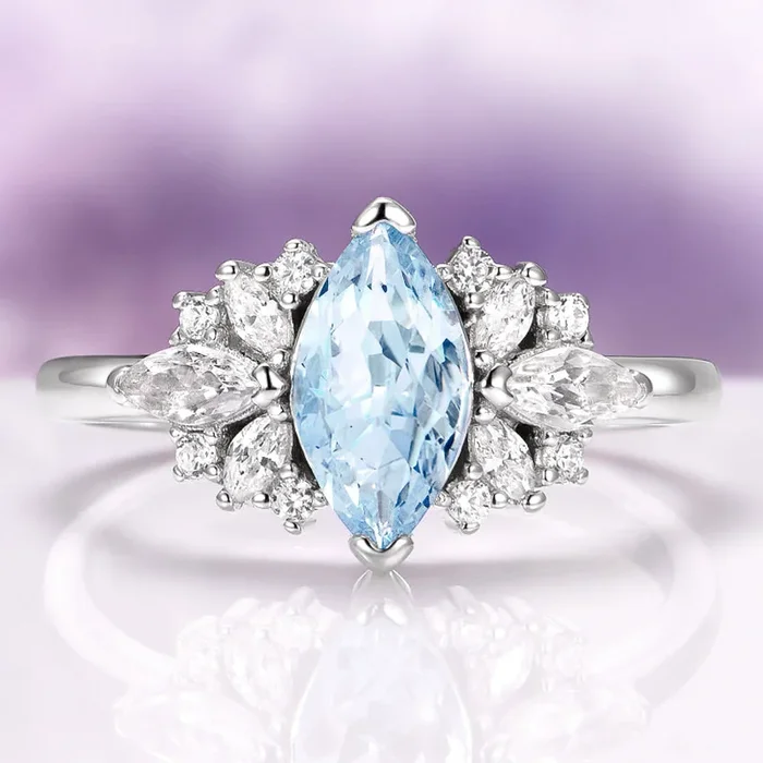 Adeline Marquise Cut Flower Aquamarine Ring in Sterling Silver