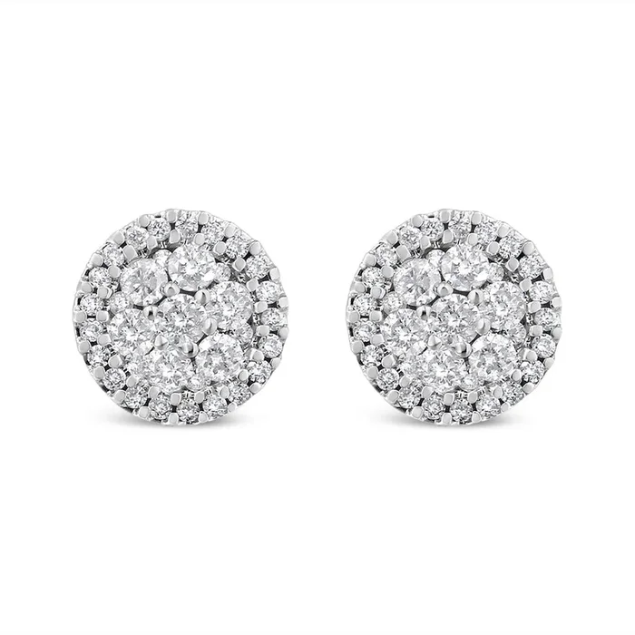 AGS Certified 14K White Gold 1.0 Cttw Brilliant-Cut Diamond Halo-Style Cluster Round Button Stud Earrings (G-H Color, I1-I2 Clarity)