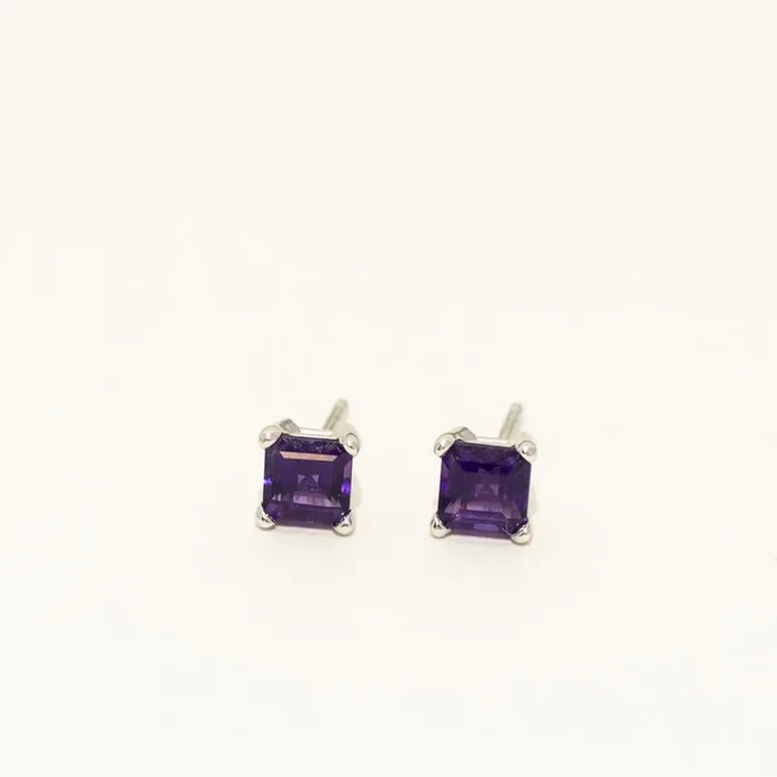 Amethyst Princess Cut Stud Earrings in 14kt White Gold (4mm)