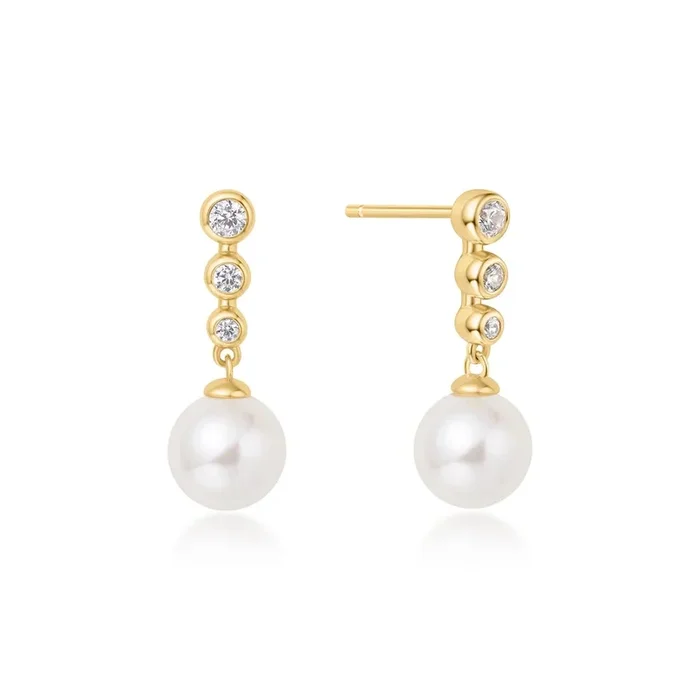 Ania Haie Cubic Zirconia and Shell Pearl Drop Earrings in Sterling Silver with 14kt Gold Plate