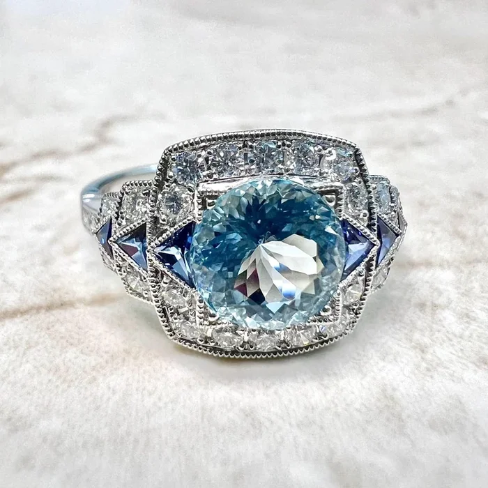 Anillo de platino con diamantes, zafiros y aguamarinas, hecho a mano, estilo Art Déco