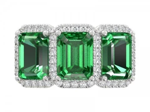 Anillo de tres piedras con esmeralda verde tallada en 8,5 ct