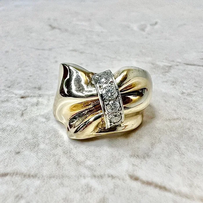 Anillo vintage de oro amarillo de 14 quilates con diamantes de 0,30 quilates, estilo retro de los años 40
