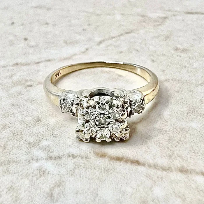 Anillo vintage retro de oro amarillo y blanco de 14 quilates con diamantes en racimo