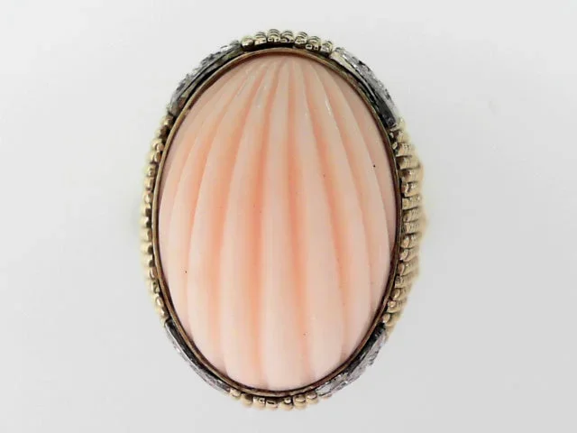 Antique 14K Yellow Gold Coral Ring with Diamonds