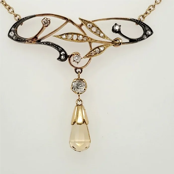 Antique Art Nouveau 18kt Yellow Gold Citrine and Diamond Necklace