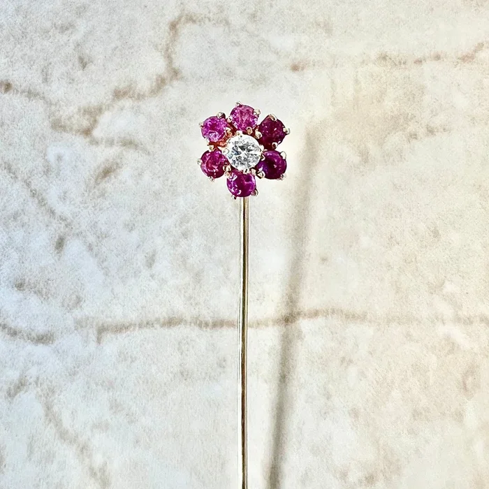 Antique Edwardian 14 Karat Yellow Gold Ruby & Diamond Halo Stick Pin