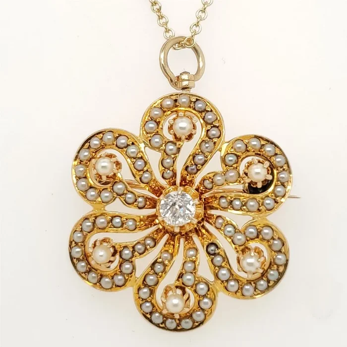 Antique Victorian 14Kt Gold Pearl And Diamond Starburst Brooch Pendant