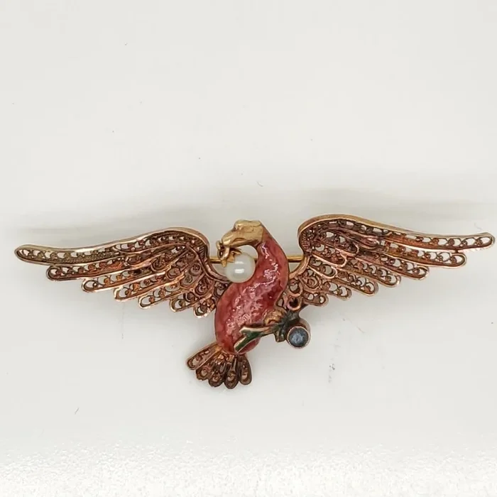 Antique Victorian 18Kt Yellow Gold Pearl Sapphire And Natural Pearl Eagle Brooch