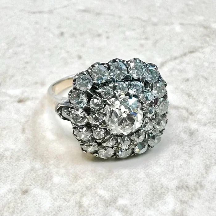 Antique Victorian Style Handmade Silver & 18K Yellow Gold 2.67 Carats Diamond Halo Ring