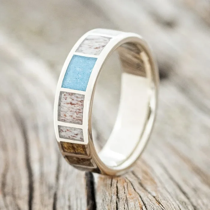 ANTLER, TURQUOISE & BUCKEYE BURL WOOD WEDDING RING FEATURING A 14K GOLD BAND