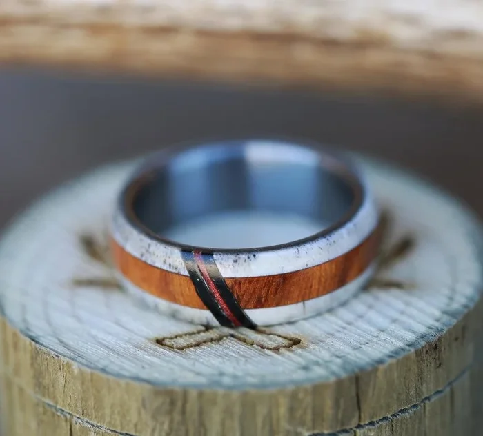 ANTLER, WOOD & AN ACRYLIC INLAY WEDDING BAND