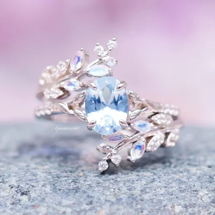 Aquamarine & Moonstone Fairy Leaf Ring Set- Sterling Silver